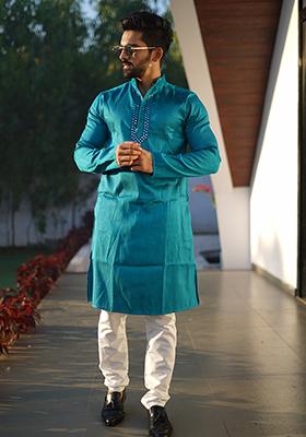 Turquoise Blue Mirror Work Silk Kurta Set For Men