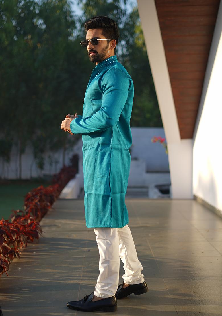 Turquoise Blue Mirror Work Silk Kurta Set For Men