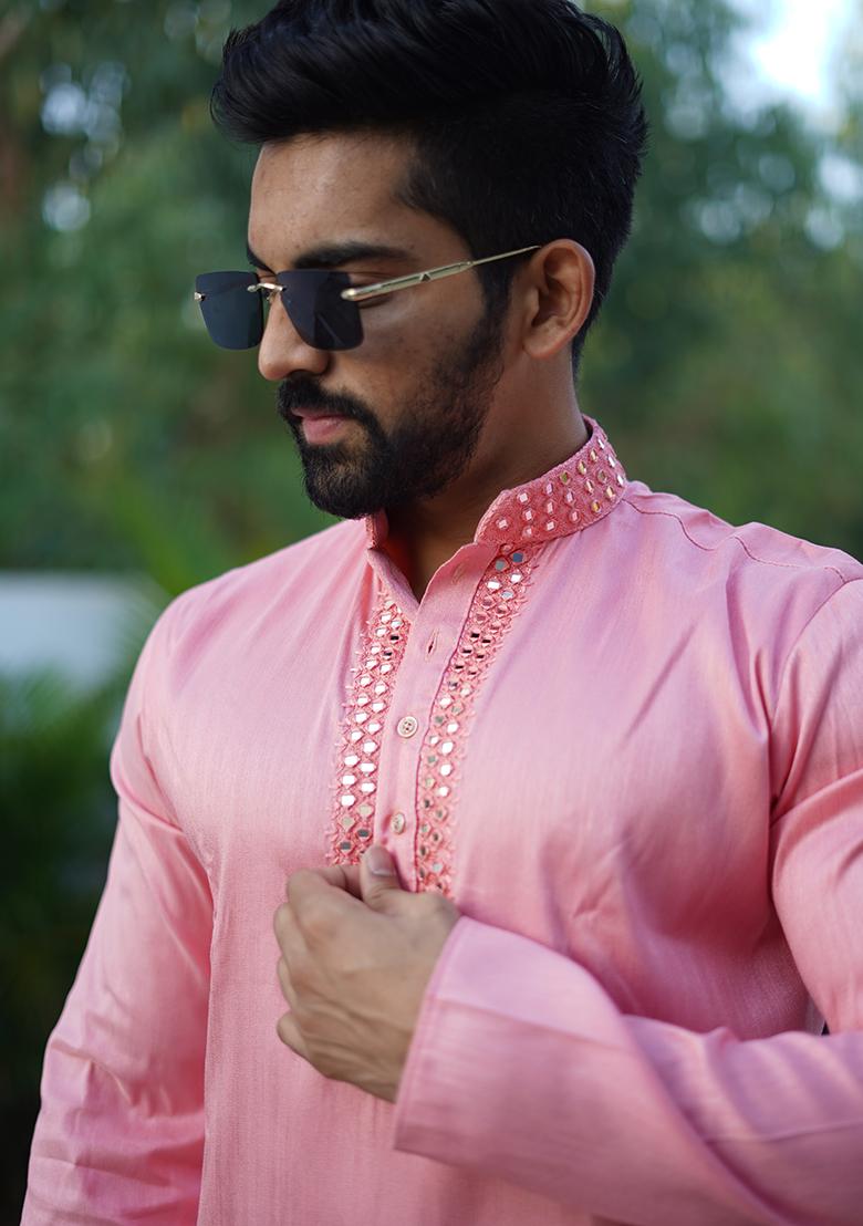 Light Pink Mirror Work Silk Kurta Set For Men