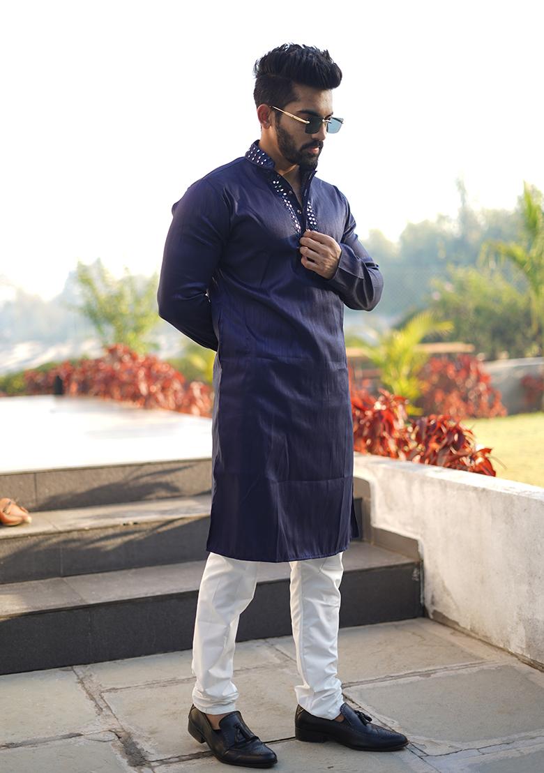 Navy Blue Mirror Work Silk Kurta Set For Men
