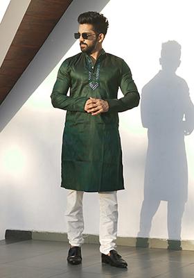 Green Mirror Work Silk Kurta Set For Men