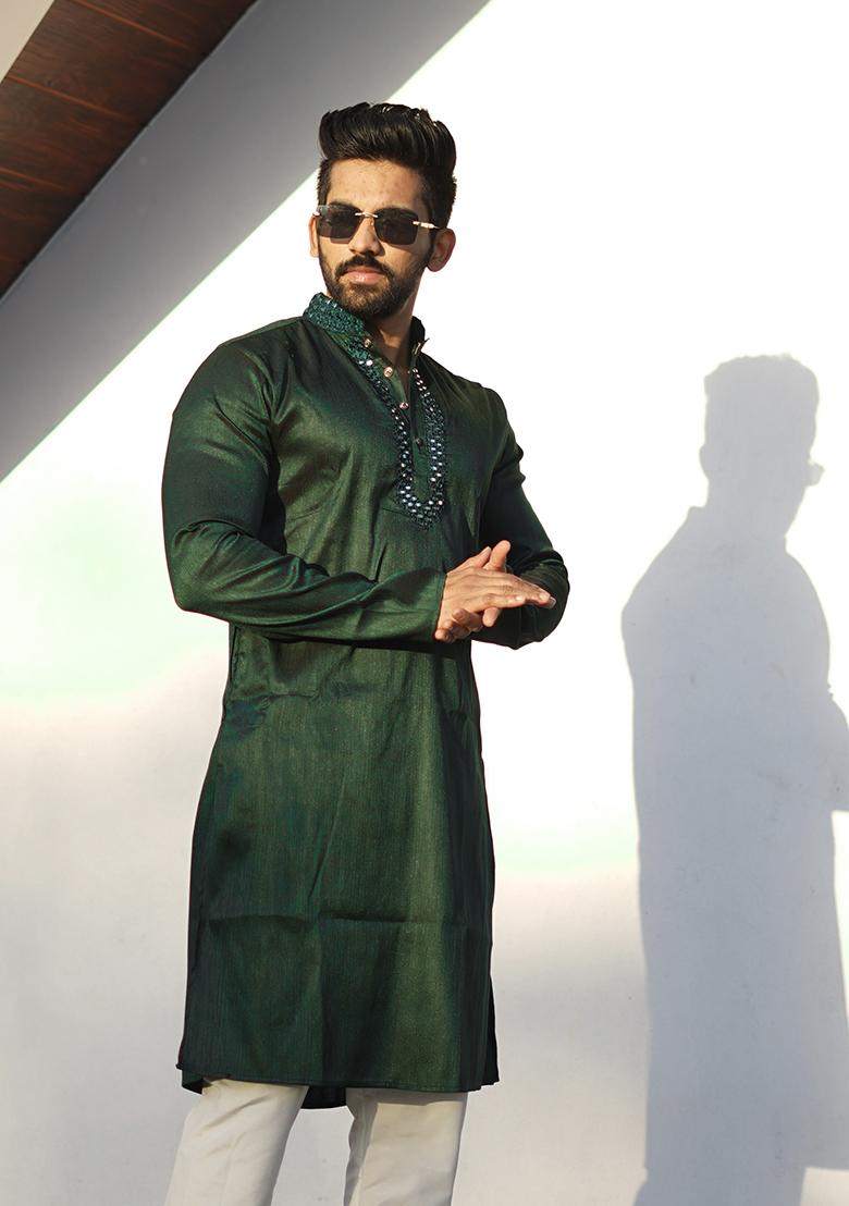 Green Mirror Work Silk Kurta Set For Men