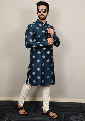 Turquoise Blue Embroidered Silk Kurta Set For Men