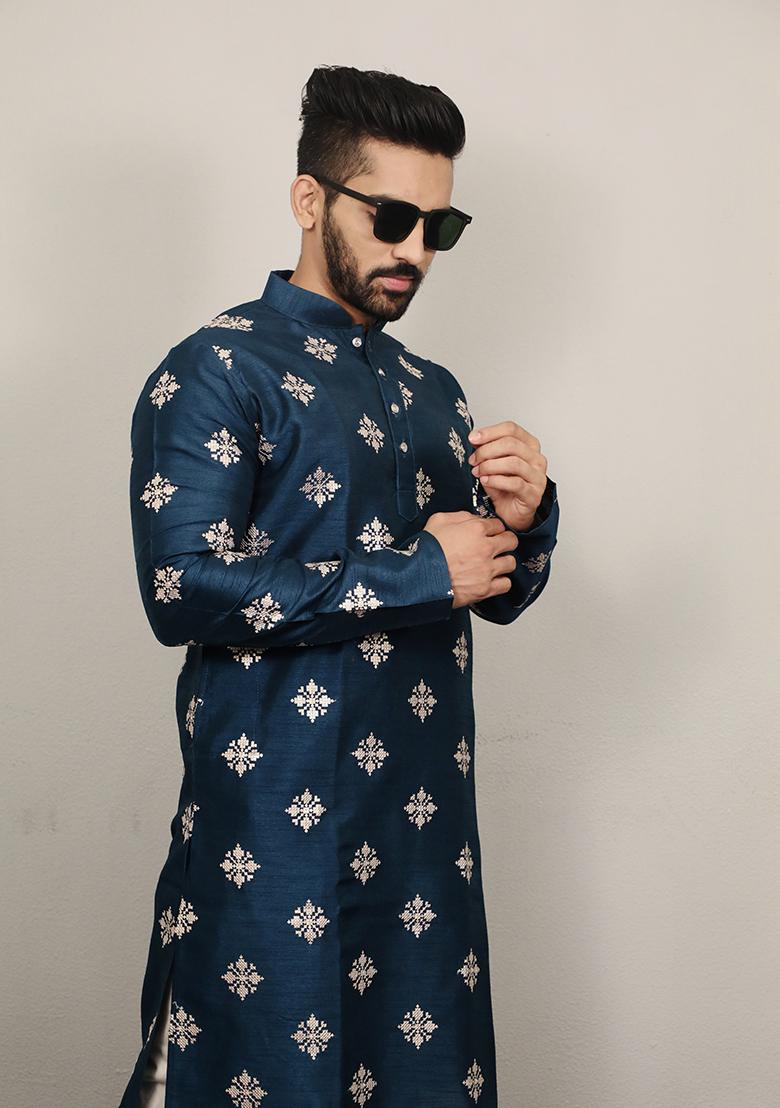 Turquoise Blue Embroidered Silk Kurta Set For Men