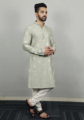 Sea Green Embroidered Silk Kurta Set For Men