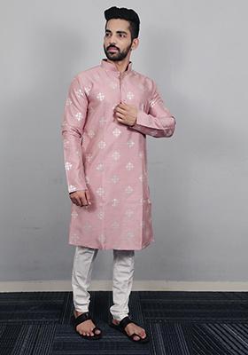 Light Pink Embroidered Silk Kurta Set For Men