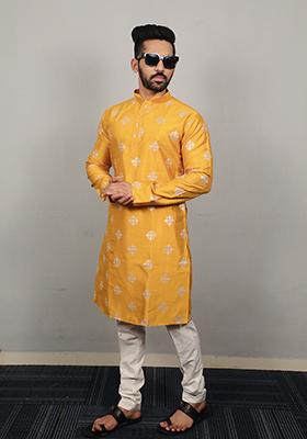 Yellow Embroidered Silk Kurta Set For Men