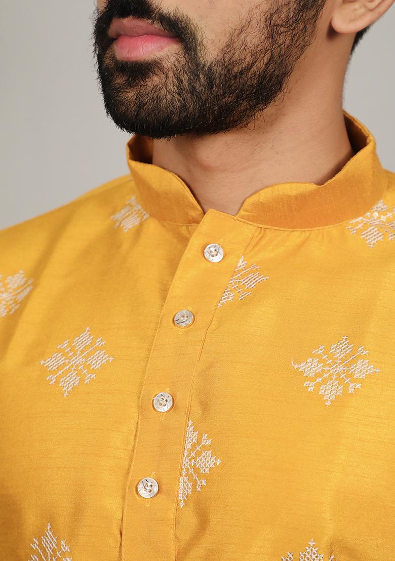 Yellow Embroidered Silk Kurta Set For Men