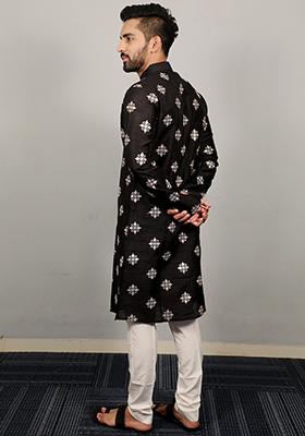 Black Embroidered Silk Kurta Set For Men