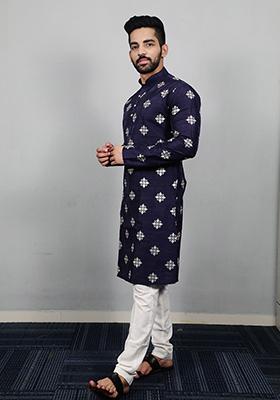 Blue Embroidered Silk Kurta Set For Men