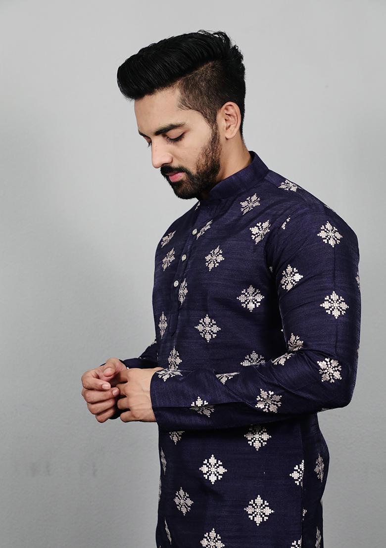 Blue Embroidered Silk Kurta Set For Men