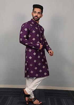 Purple Embroidered Silk Kurta Set For Men