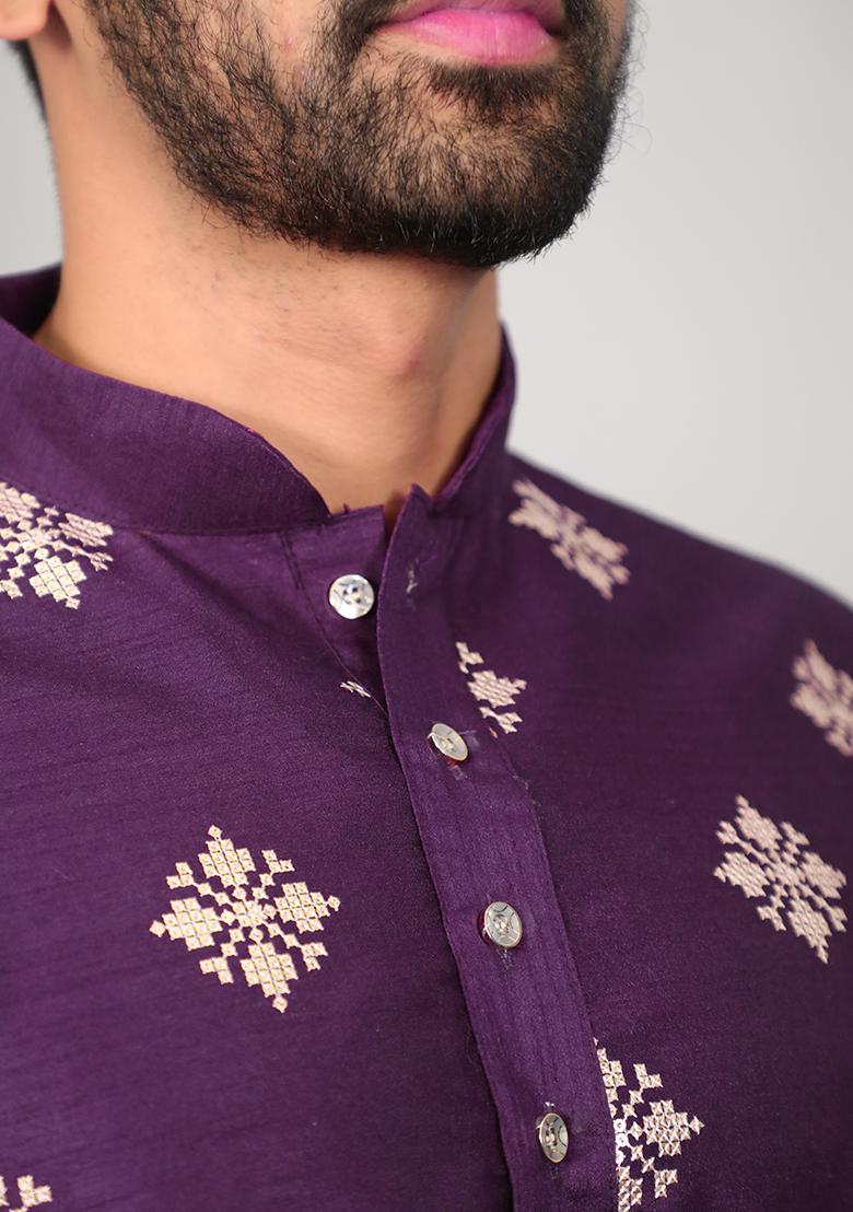 Purple Embroidered Silk Kurta Set For Men