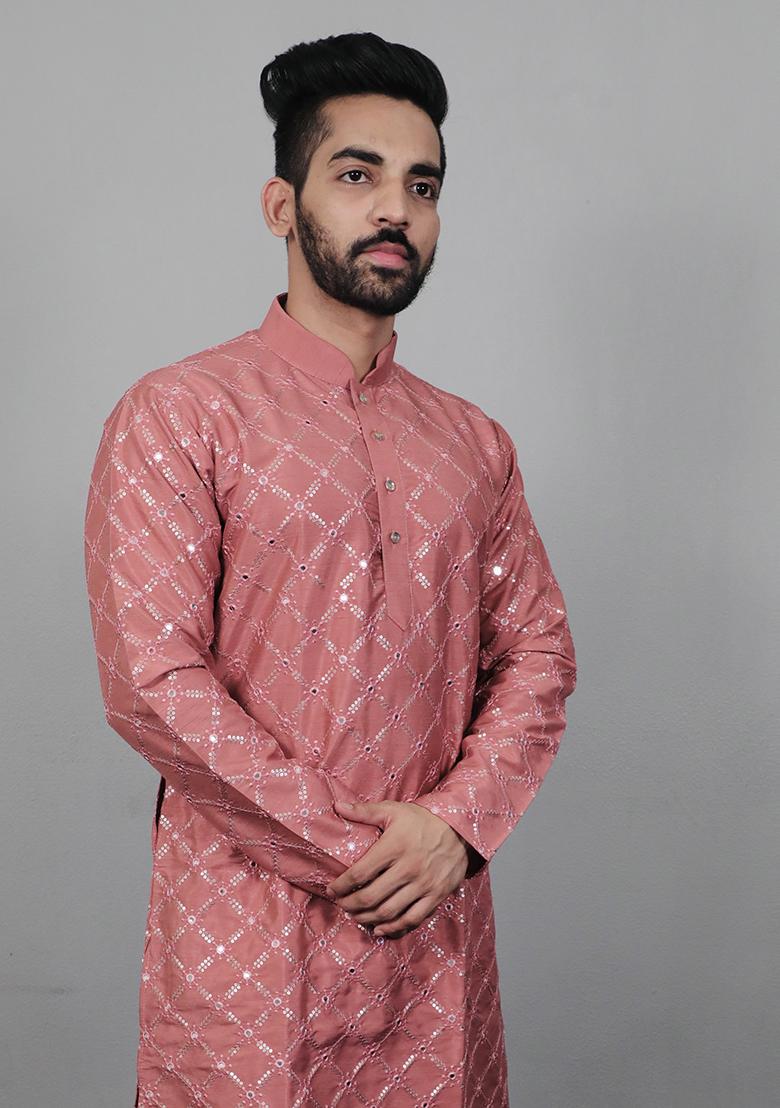 Gajaree Pink Embroidered Silk Kurta Set For Men