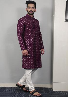 Purple Embroidered Silk Kurta Set For Men