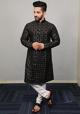 Black Embroidered Silk Kurta Set For Men