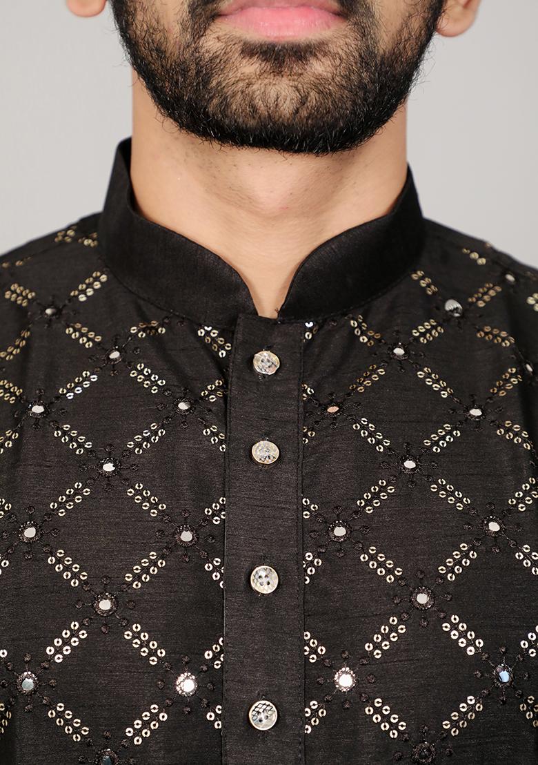 Black Embroidered Silk Kurta Set For Men