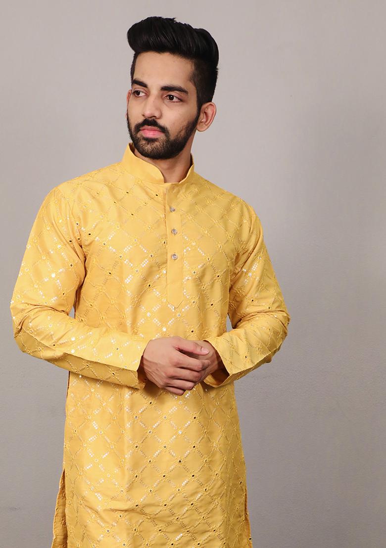 Yellow Embroidered Silk Kurta Set For Men