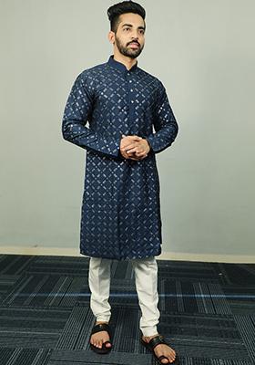 Navy Blue Embroidered Silk Kurta Set For Men