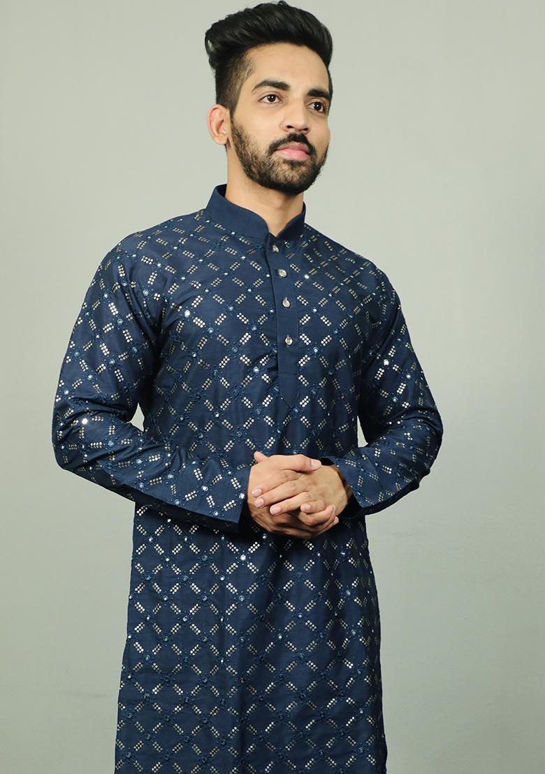 Navy Blue Embroidered Silk Kurta Set For Men