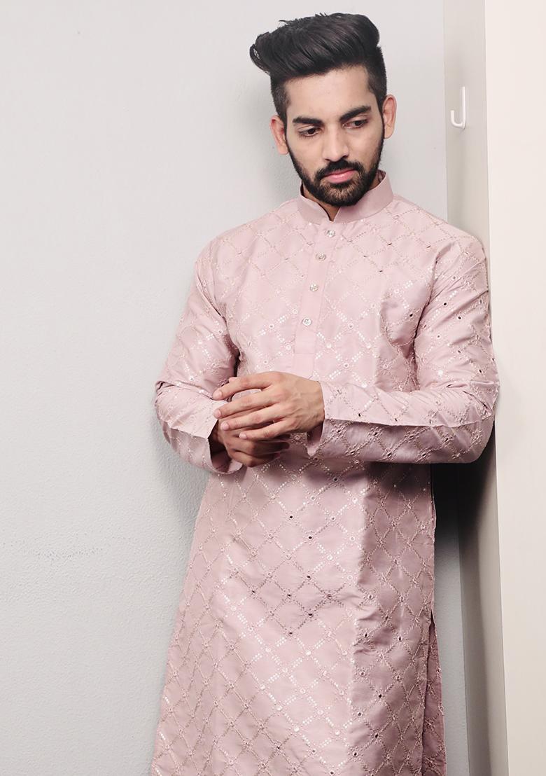 Light Pink Embroidered Silk Kurta Set For Men
