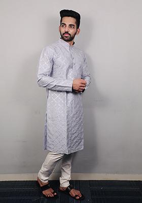 Lavender Embroidered Silk Kurta Set For Men