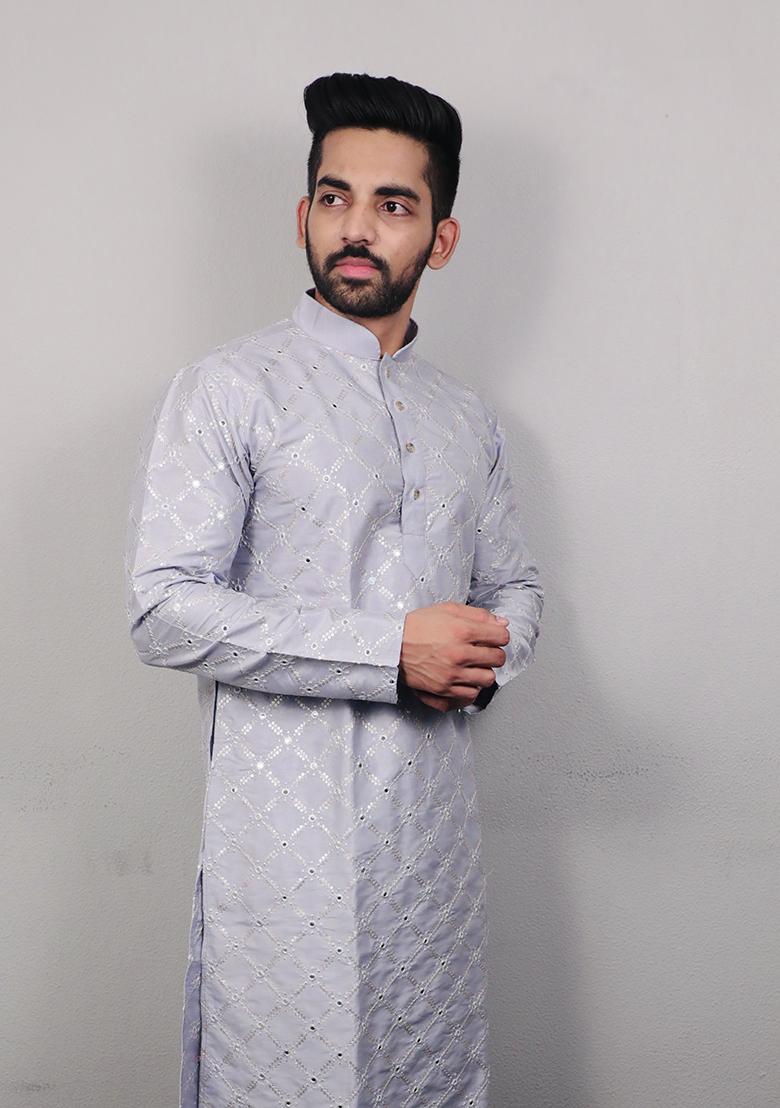 Lavender Embroidered Silk Kurta Set For Men