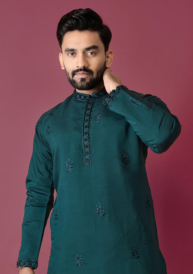 Green Embroidered Roman Silk Kurta Set For Men