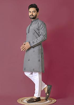 Grey Embroidered Roman Silk Kurta Set For Men