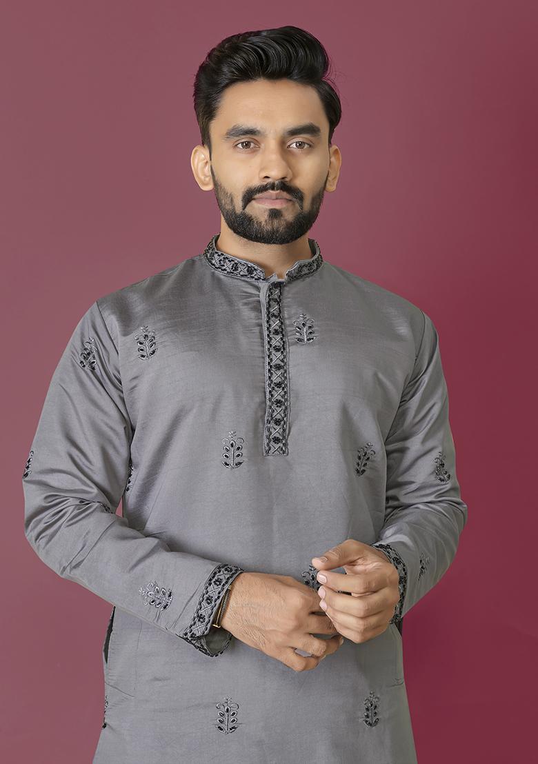 Grey Embroidered Roman Silk Kurta Set For Men