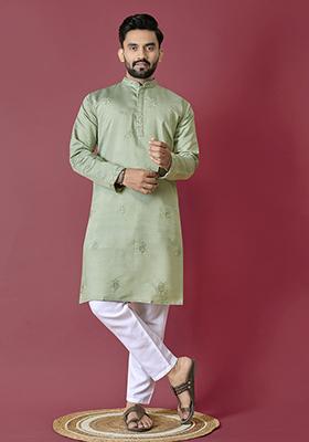 Pista Green Embroidered Roman Silk Kurta Set For Men