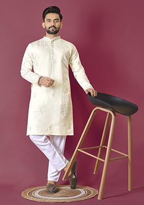 Light Yellow Embroidered Roman Silk Kurta Set For Men