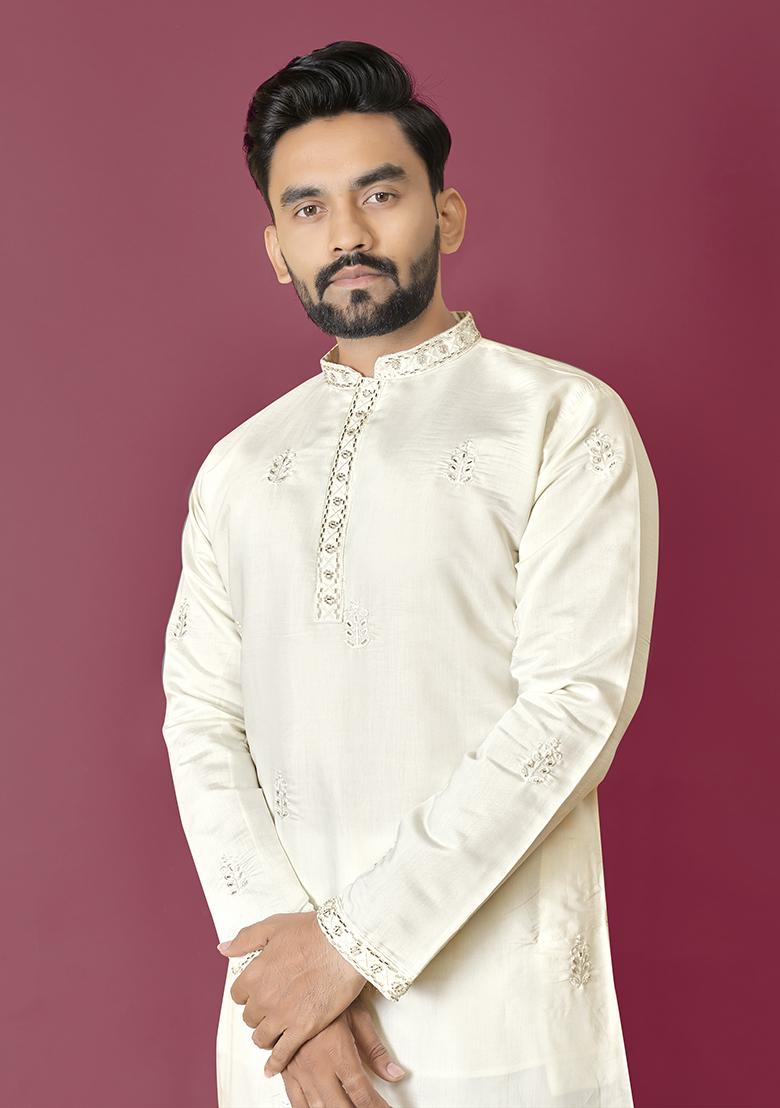 Light Yellow Embroidered Roman Silk Kurta Set For Men