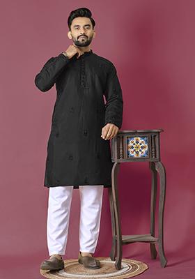 Black Embroidered Roman Silk Kurta Set For Men