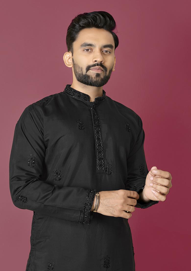 Black Embroidered Roman Silk Kurta Set For Men