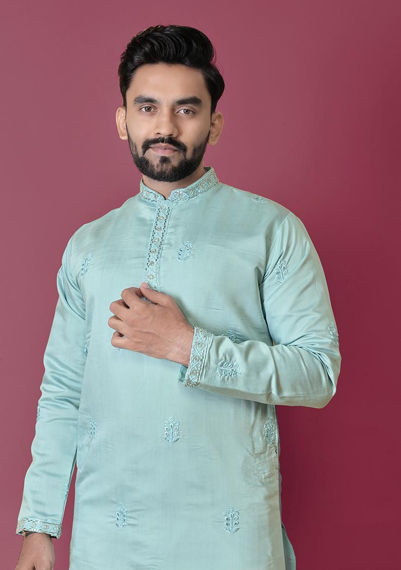 Turquoise Blue Embroidered Roman Silk Kurta Set For Men