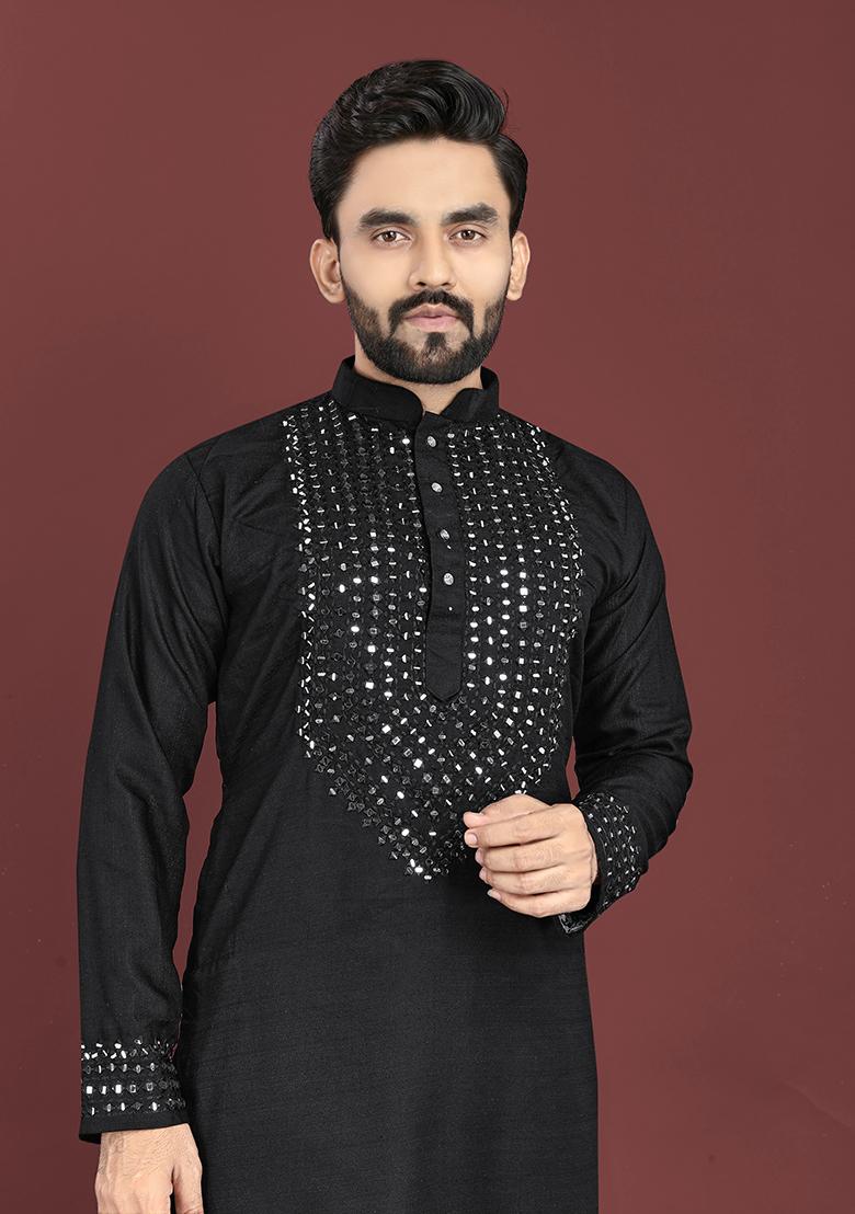 Black Mirror Work Silk Kurta Set For Men