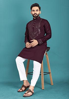 Maroon Mirror Work Silk Kurta Set For Men