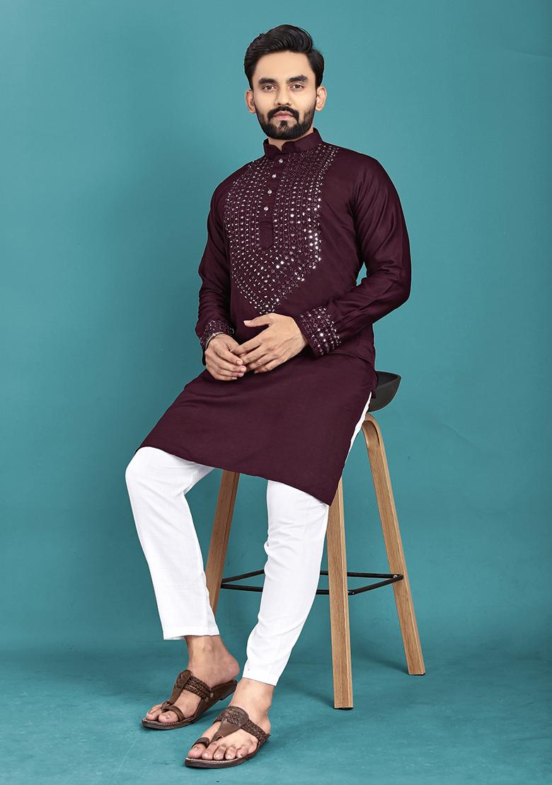 Maroon Mirror Work Silk Kurta Set For Men