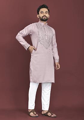 Light Pink Mirror Work Silk Kurta Set For Men