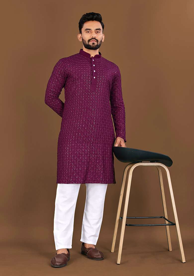 Wine Embroidered Rayon Kurta Set For Men - Indya