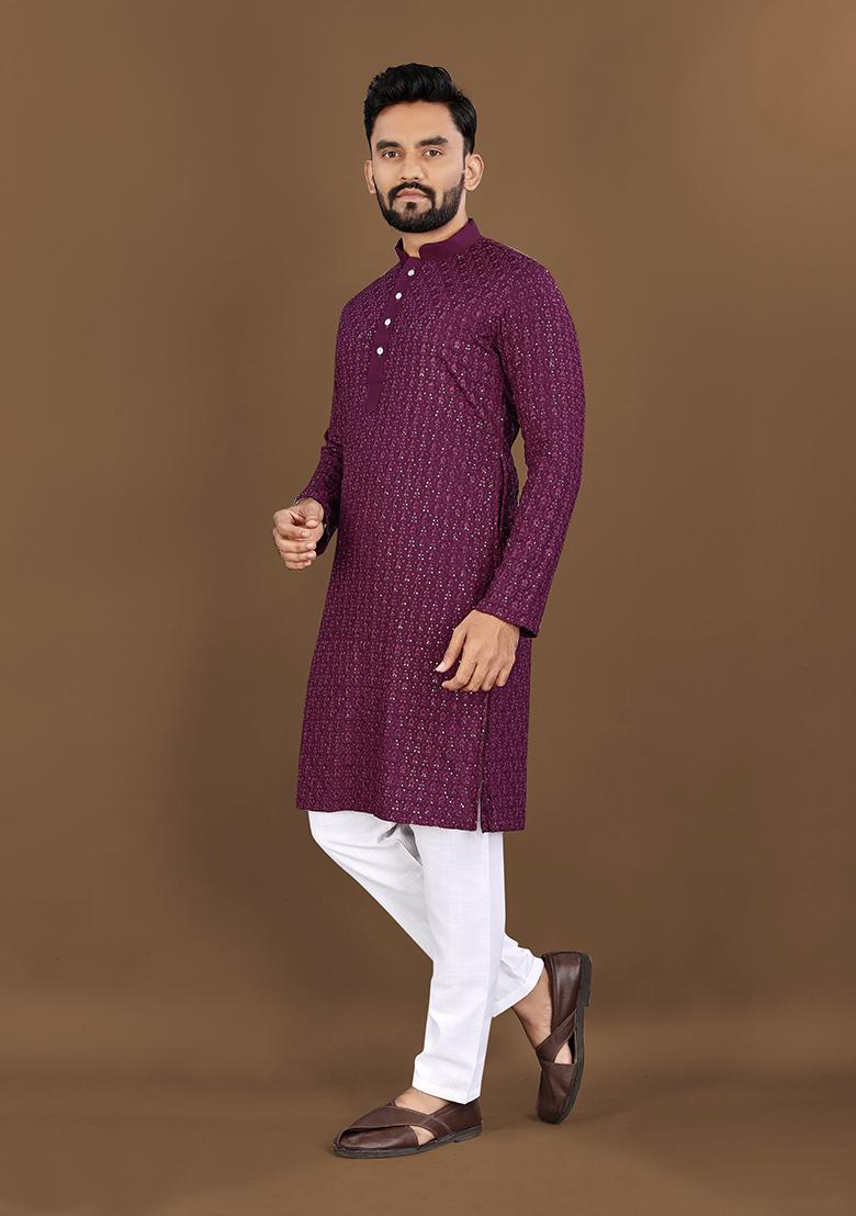 Wine Embroidered Rayon Kurta Set For Men