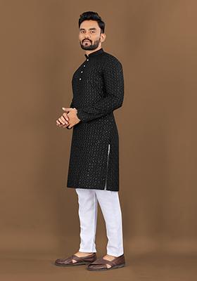 Black Embroidered Rayon Kurta Set For Men