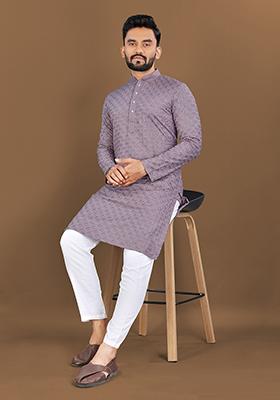 Lavender Embroidered Rayon Kurta Set For Men