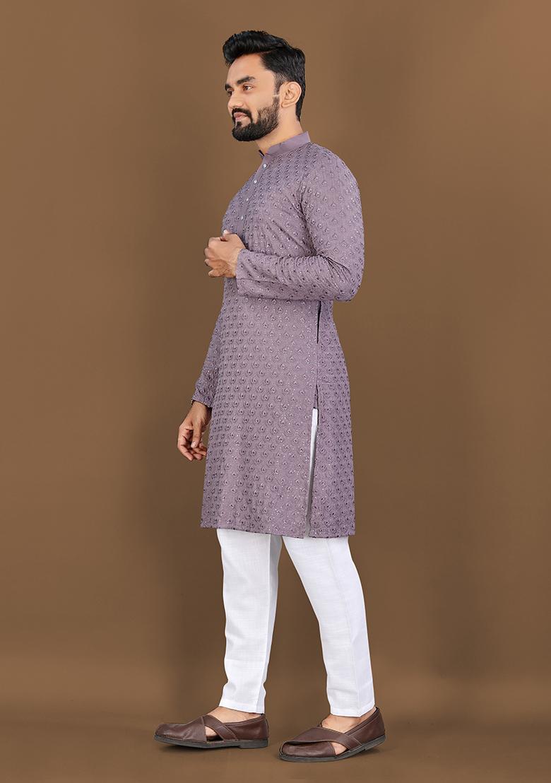 Lavender Embroidered Rayon Kurta Set For Men