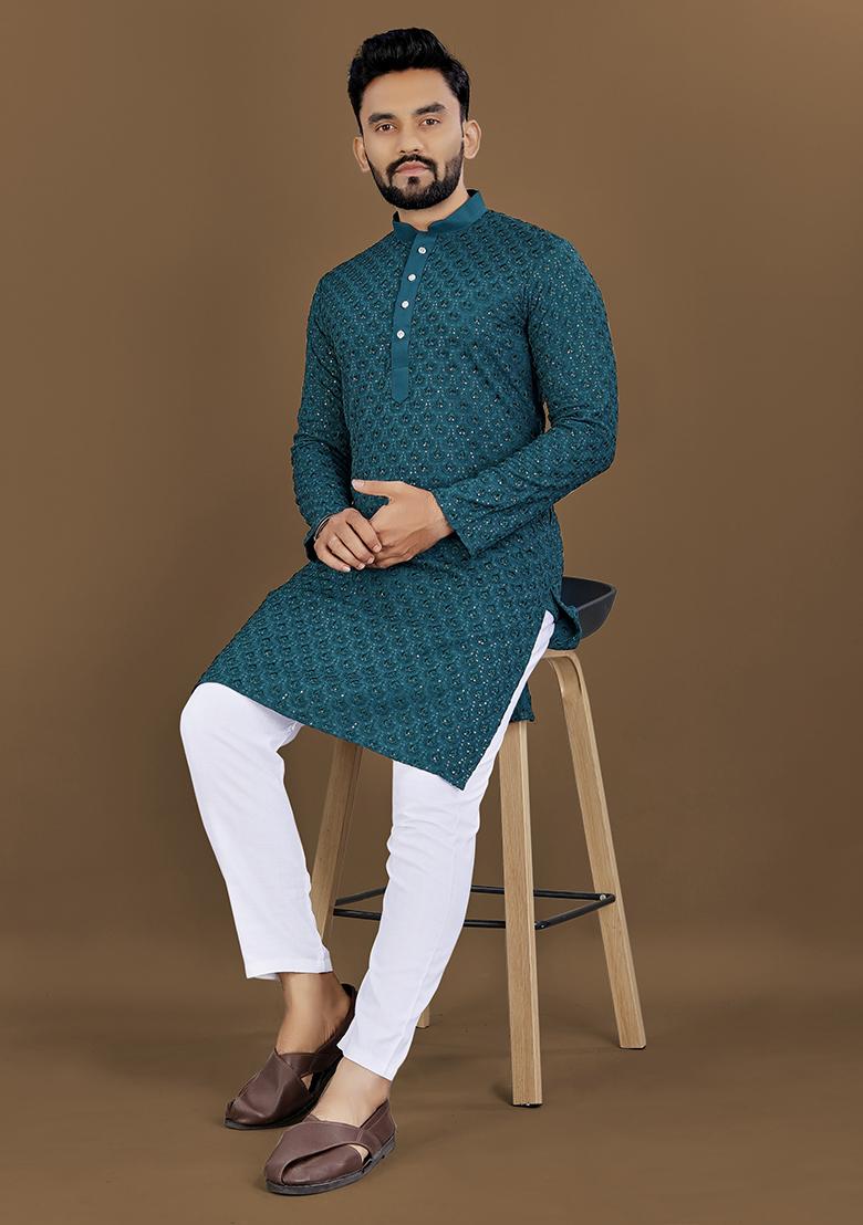 Turquoise Blue Embroidered Rayon Kurta Set For Men