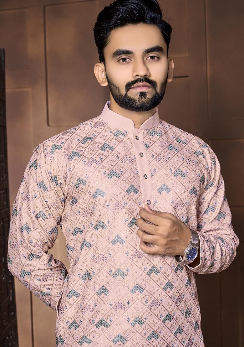 Peach Embroidered Silk Kurta Set For Men