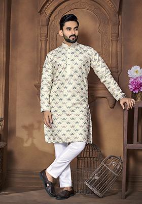 Off White Embroidered Silk Kurta Set For Men