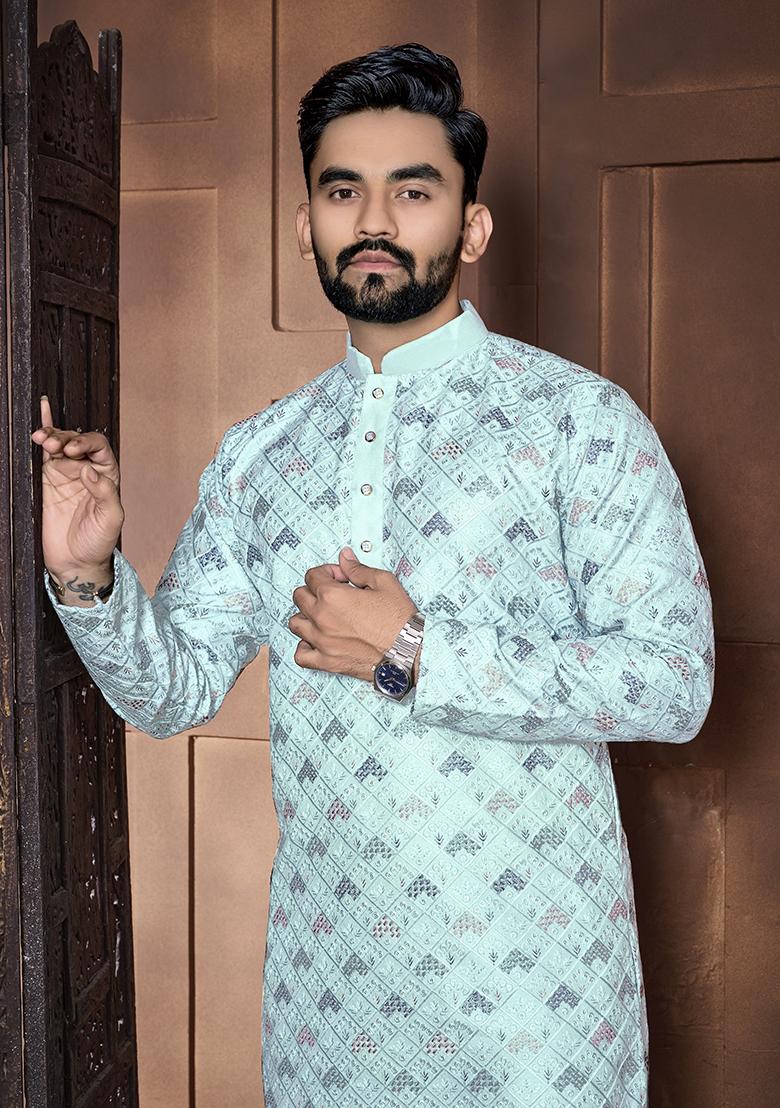 Sea Blue Embroidered Silk Kurta Set For Men