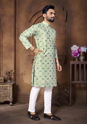 Sea Green Embroidered Silk Kurta Set For Men